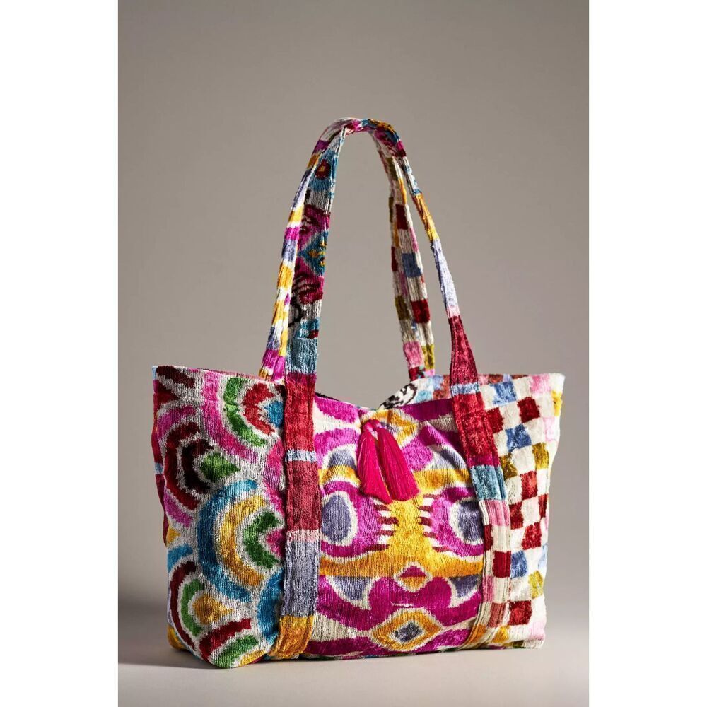 Anthropologie Wolf & Willa Emily Tote Silk Velvet Ikat Tassels NEW